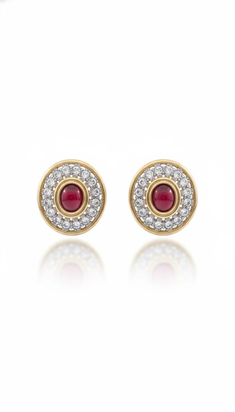 Vintage 1980s Unsigned Gold-Tone Round Clip Earrings | Ruby Red Glass Cabochon & Clear Pavé Rhinestone Halo | Glamour Button Clips image 1