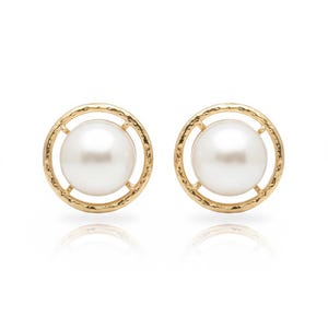 Vintage Les Bernard Signed Faux Pearl Gold-Tone Open Circle Halo Stud Earrings — 1970s–1980s Designer Costume Jewelry image 1