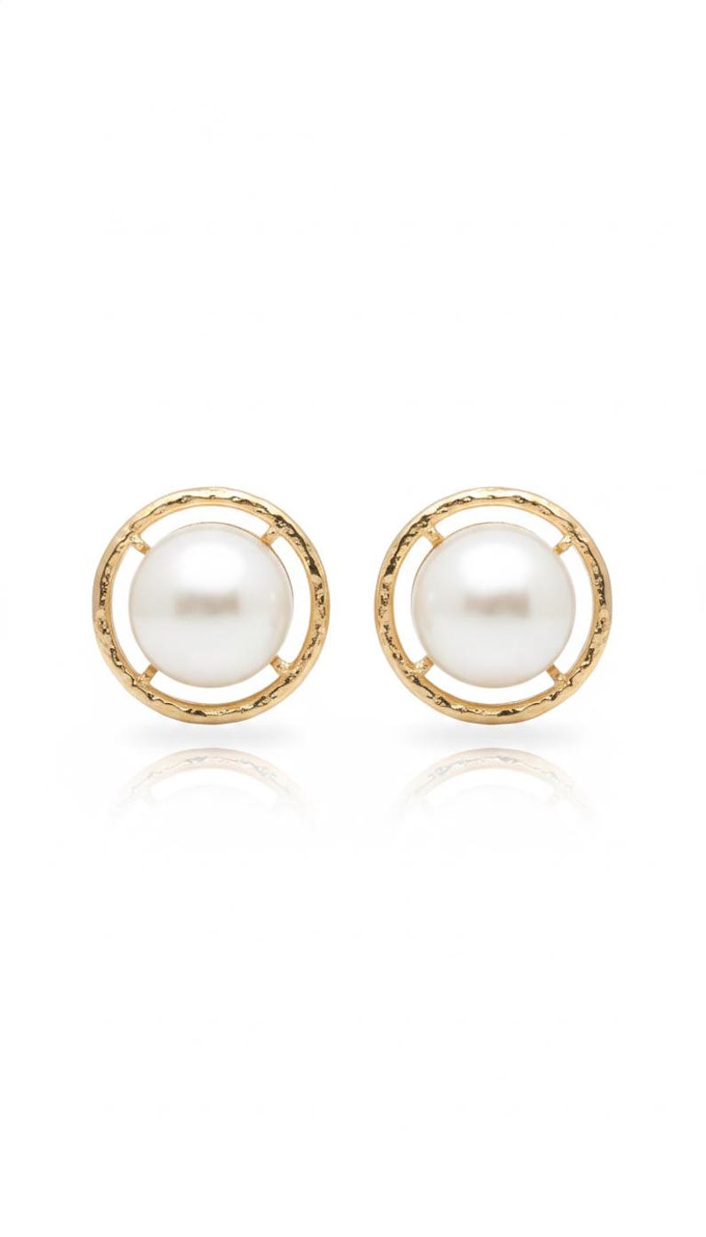 Vintage Les Bernard Signed Faux Pearl Gold-Tone Open Circle Halo Stud Earrings — 1970s–1980s Designer Costume Jewelry image 1