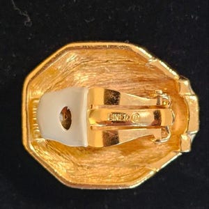 Vintage CINER Signed Cream Enamel & Pavé Crystal Clip-On Earrings | Art Deco Revival | Gold Tone | 1980s Costume Jewelry image 6