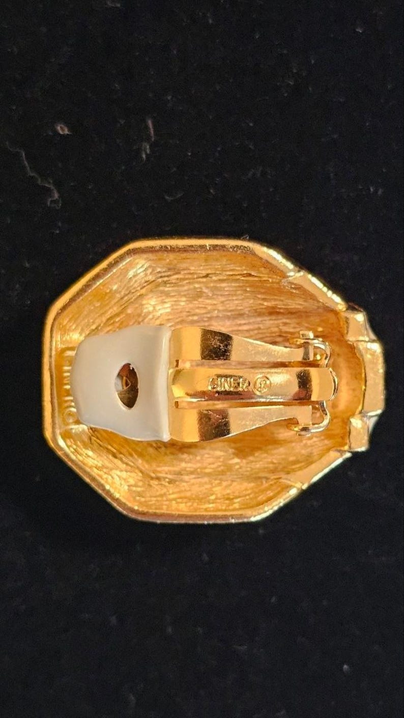 Vintage CINER Signed Cream Enamel & Pavé Crystal Clip-On Earrings | Art Deco Revival | Gold Tone | 1980s Costume Jewelry image 6