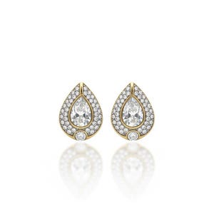 LES BERNARD Signed Vintage 1980s Pear Teardrop Pavé Rhinestone Gold Tone Clip-On Earrings — Retro Crystal Statement image 1