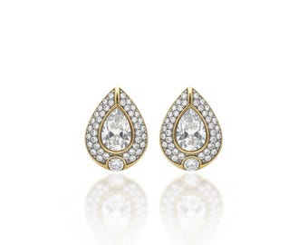 Pendientes de clip vintage de LES BERNARD de los años 80 con forma de lágrima en forma de pera y pavé de diamantes de imitación en tono dorado — Un accesorio retro de cristal que marca tendencia.
