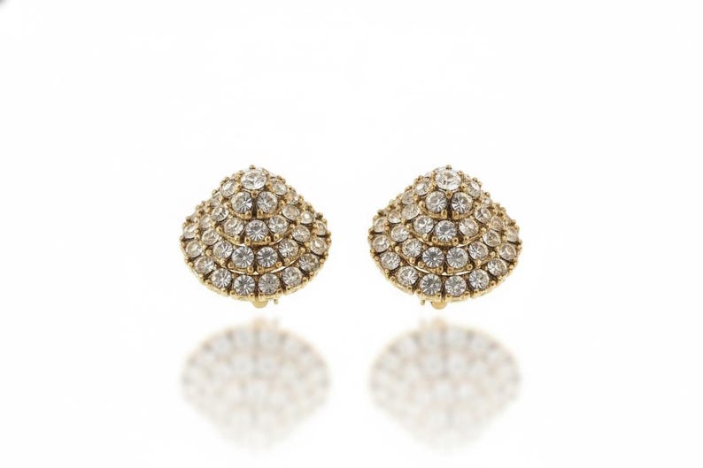 Signed CINER Vintage Gold-Tone Crystal Pavé Dome Clip-On Earrings — 1960s Glamour, All-Over Rhinestone Bombe Style image 1