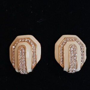Vintage CINER Signed Cream Enamel & Pavé Crystal Clip-On Earrings | Art Deco Revival | Gold Tone | 1980s Costume Jewelry image 5