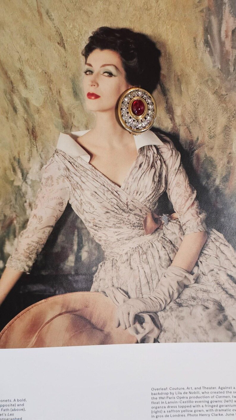 Vintage 1980s Unsigned Gold-Tone Round Clip Earrings | Ruby Red Glass Cabochon & Clear Pavé Rhinestone Halo | Glamour Button Clips image 4