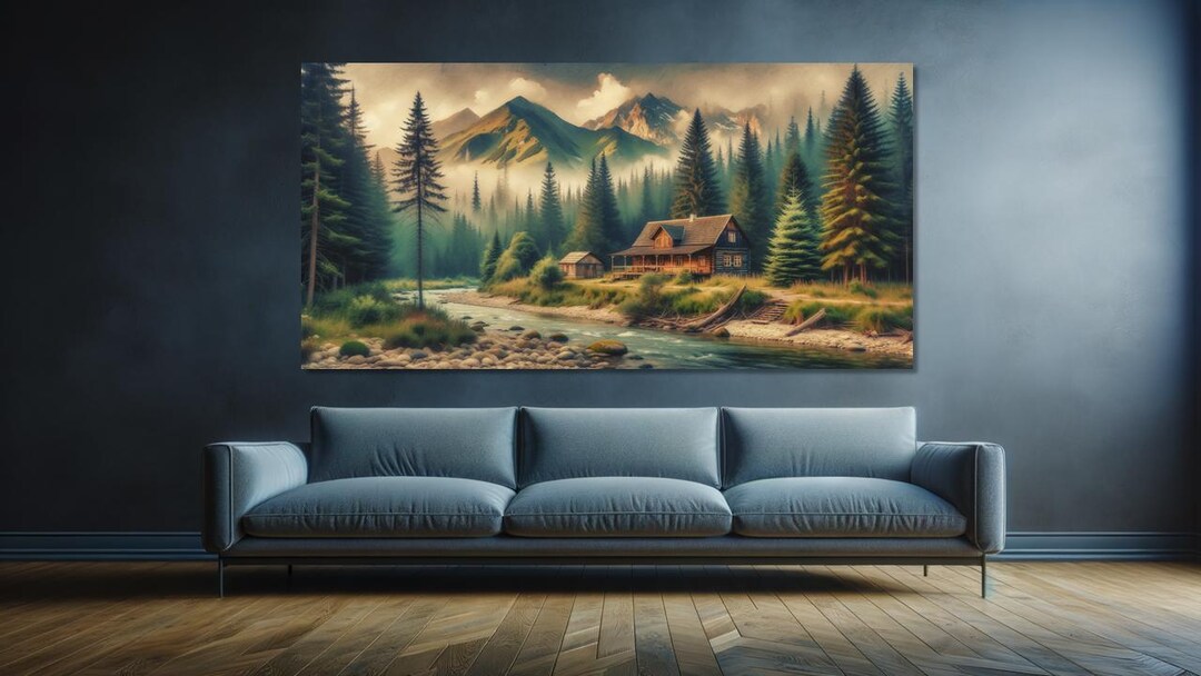 Misty Mountains and Rustic River Canvas Print Cozy Cabin Wall Art ...