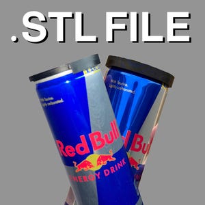 Peut inclure: Deux canettes bleues et argentées de boisson énergisante Red Bull, avec le texte ".STL FILE" et "PRINTABLE" en blanc. Les canettes ont des logos et du texte rouges et jaunes, et font 250 ml.