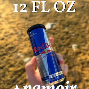 May include: A blue and silver Red Bull energy drink can with the text "12 FL OZ" at the top. The can has the Red Bull logo and text, and the bottom of the can reads "355 ml (12 FL OZ)". The image also includes the text "pamoir LABS".