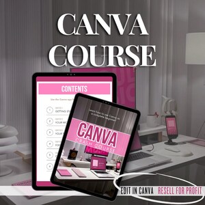 Op de afbeelding: Afbeelding ter promotie van een Canva-cursus. De afbeelding toont twee tablets met de cursusinhoud en een Canva Crash Course-omslag. De achtergrond omvat een laptop, telefoon en bureau. Tekst omvat "CANVA COURSE", "EDIT IN CANVA RESELL FOR PROFIT".