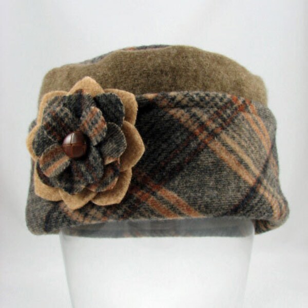 Tartan Plaid in Brown and Orange Pillbox Hat from Upcycled Felted Wool and Cashmere with Flower Clip