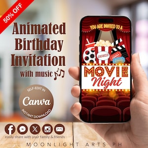 Movie Night Birthday Invitation, Popcorn Ticket Cinema Lights Theme for Boys or Girls, Kids Party, Animated Invitation Editable in Canva