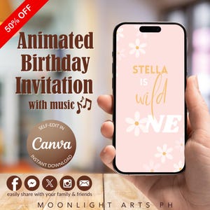 Daisy Wild One 1st Birthday Invitation, Retro Boho Floral Pink Theme for Girls, Kids Party, Animated Invitation Editable Canva Template