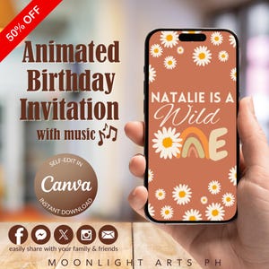 Daisy Wild One 1st Birthday Invitation, Retro Orange Floral Boho Theme for Girls, Kids Party, Animated Invitation Editable Canva Template