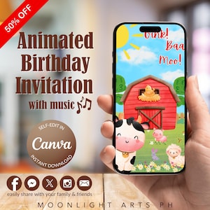 Animated Farm Animals Birthday Invitation: Editable Kids Invite