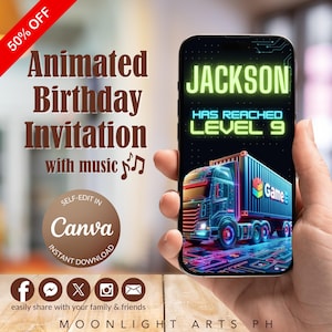 Game On Game Truck Birthday Invitation, Neon Video Game Theme for Boys or Girls, Kids Party, Animated Invitation Editable Canva Template