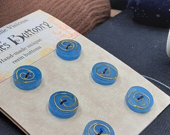 10mm Buttons Handmade Resin Gold Wire on Sky Blue 6 pack from Bobbie's Buttonry