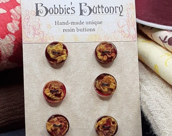 10mm Buttons Handmade Resin Gold Swirl on Dark Red 3 pack from Bobbie's Buttonry