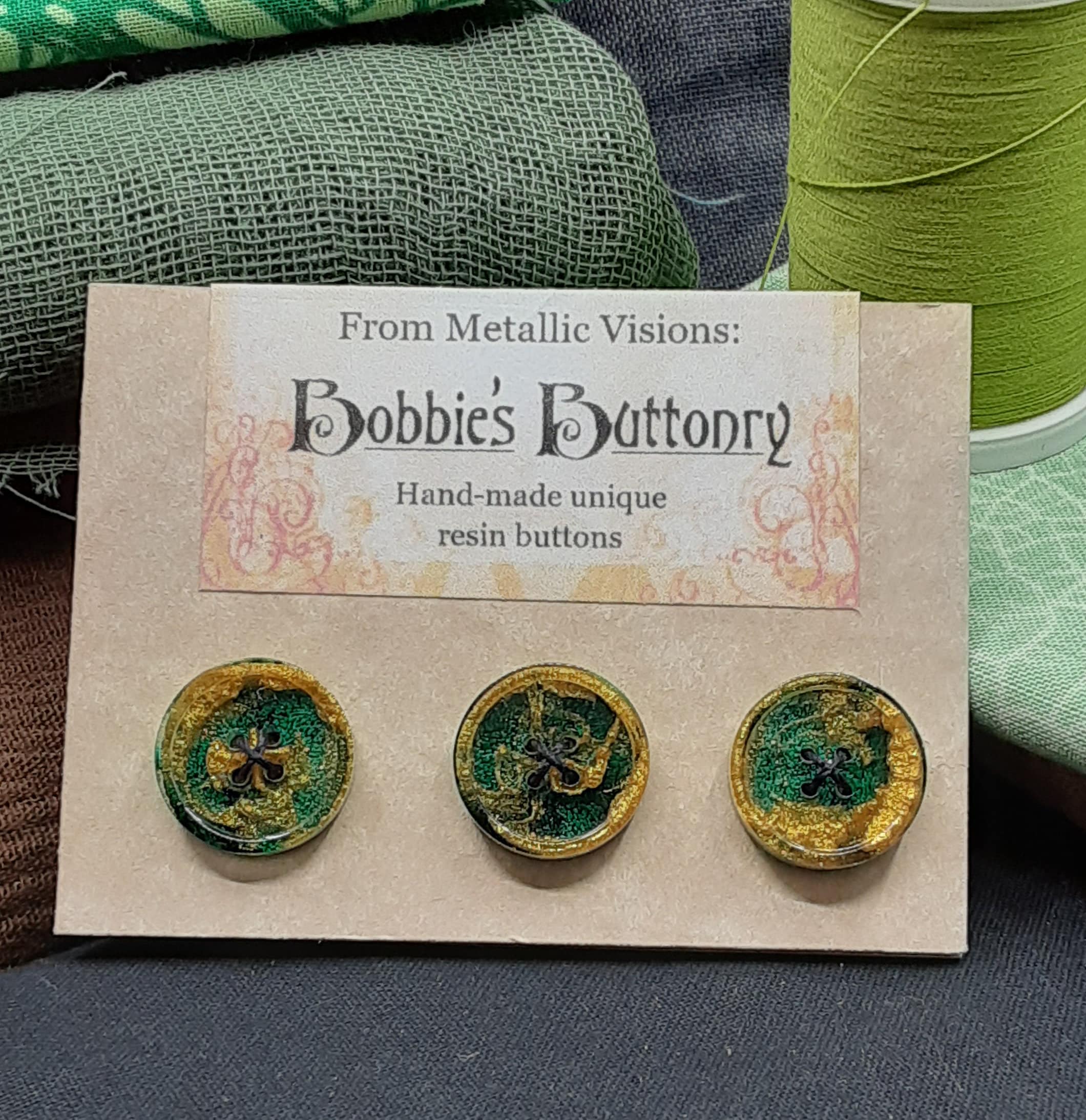 15mm Buttons Handmade Resin Gold Wire on Green 3 pack from Bobbie's Buttonry