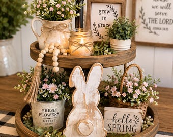 Rustic Wooden Easter Bunny: Distressed Farmhouse Tiered Tray Decor