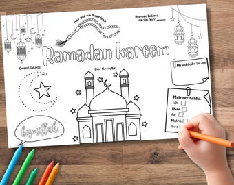 Ramadan Kids Coloring Placemat – Iftar Activity, Muslim Holiday (Digital Download A3 PDF)
