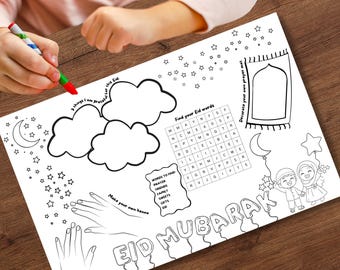 Eid Kids Activity Placemat – Coloring, Word Search (Digital Download, A3)
