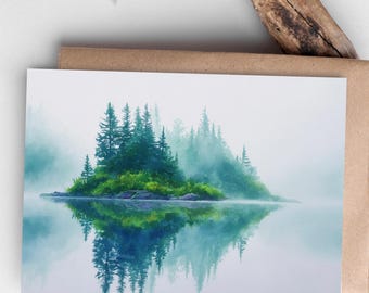 Watercolor Mountain Lake Card: Serene Landscape Note Card