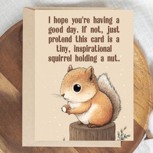 May include: A greeting card with a cartoon squirrel holding a nut, perched on a tree stump. The card has text that reads, "I hope you're having a good day. If not, just pretend this card is a tiny, inspirational squirrel holding a nut."