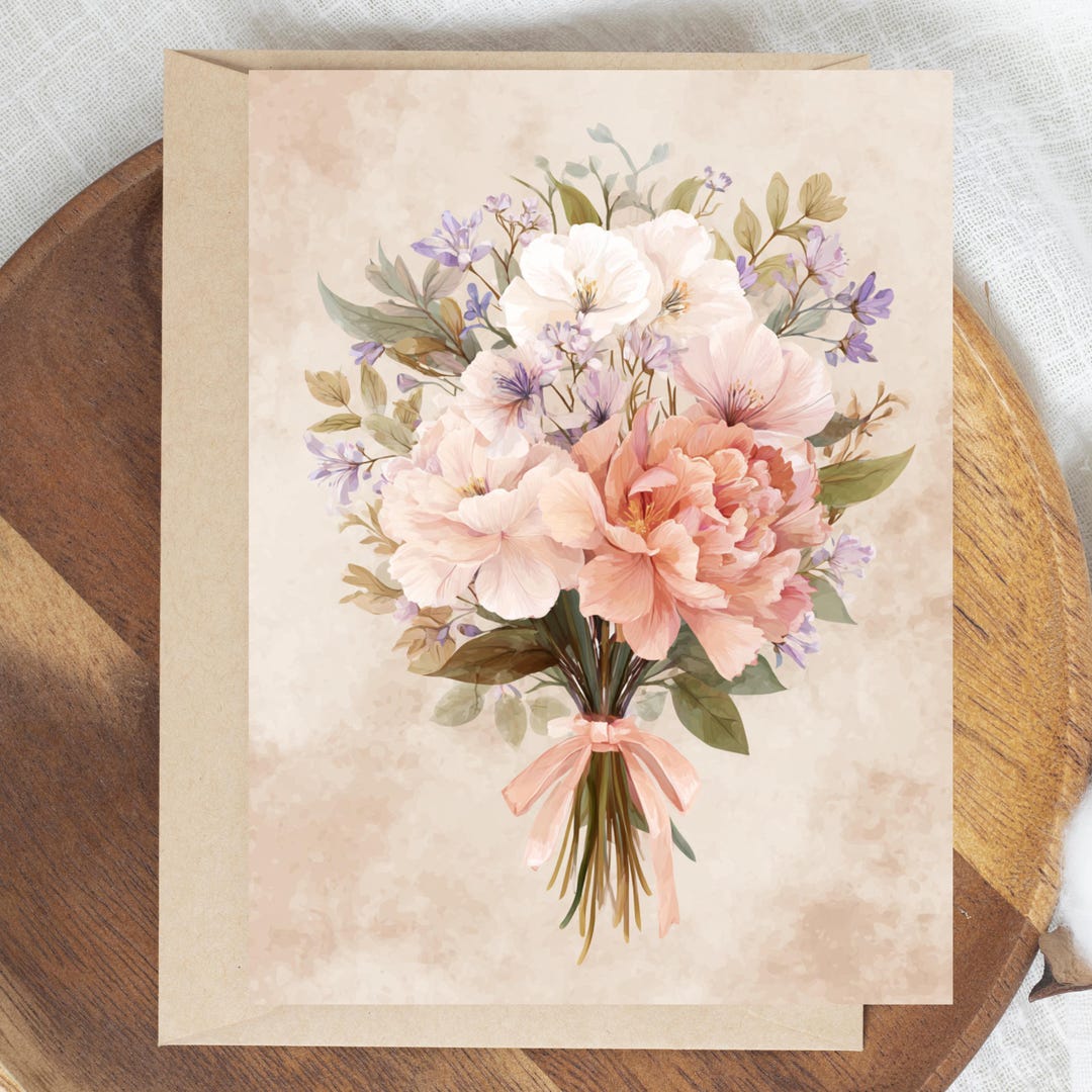 Handmade Floral Watercolor Greeting Card, Peach Peony Bouquet Notecard ...