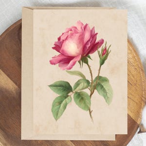 Watercolor Rose Greeting Card: Rustic Floral Note Card on Heavy Cardstock