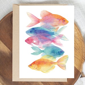 Vibrant Fish Design Greeting Card, Watercolor Art Style, Blank Card, Note Cards, Nature Stationery, Thinking of You Cards, Colorful Fish