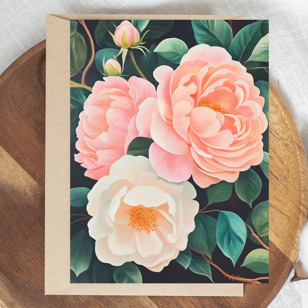 Moody Pink Peony Greeting Card, Dark Botanical Floral Note Card ...