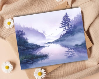 Watercolor Misty Lake Card: Serene Sunset Landscape