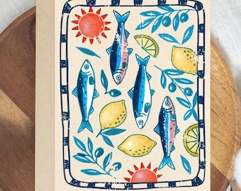 Mediterranean Sardine & Lemon Greeting Card | Hand Drawn Coastal Summer Note Card | Vintage Block Print Blank Card