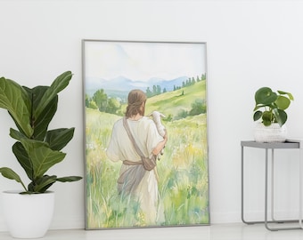 Impressão em aquarela de Jesus segurando um cordeiro: decoração cristã para casa (download digital)