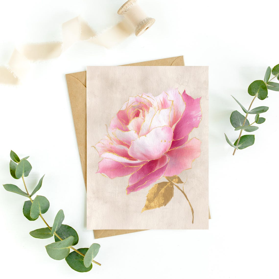 Vintage Pink and Gold Rose Greeting Card: Vintage Rustic Floral Note ...