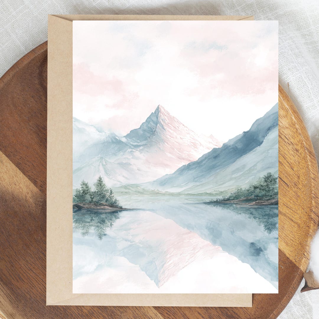 Pastel Watercolor Mountain Greeting Card, Serene Lake Reflection Note ...