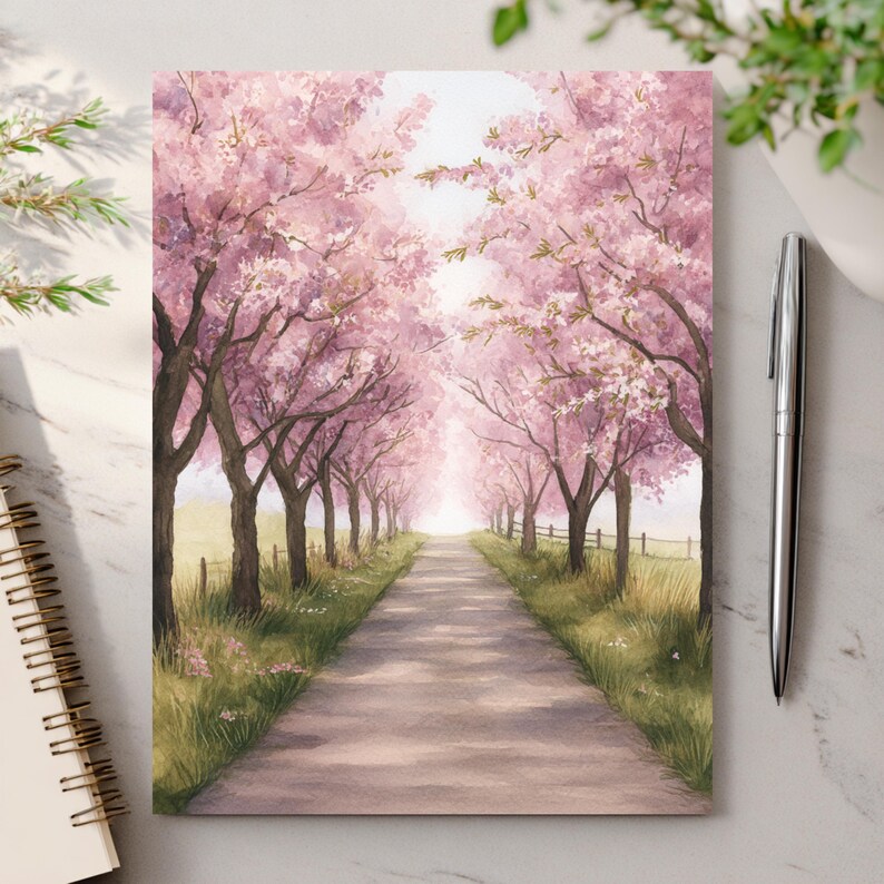 Watercolor Cherry Blossom Greeting Card, Spring Landscape Path Note ...