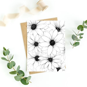Black and White Daisy Greeting Card: Floral Note Card on Heavy Cardstock