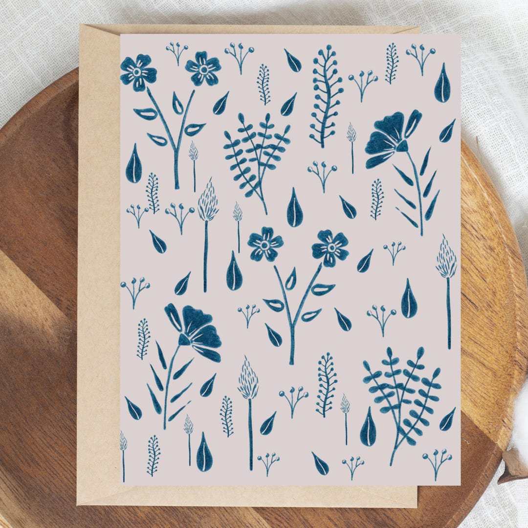 Blue Botanical Greeting Card, Hand Drawn Floral Stationery, Monochrome ...