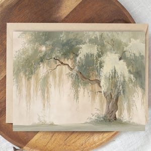 May include: A greeting card featuring a watercolor painting of a weeping willow tree. The tree has a thick, textured trunk and branches with cascading, light green foliage. The background is a soft, muted beige.