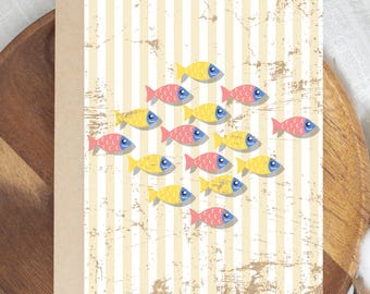 School of Fish Greeting Card, Nautical Beach Card, Cute Ocean Note Card, Vintage Coastal Striped Stationery, Blank Inside