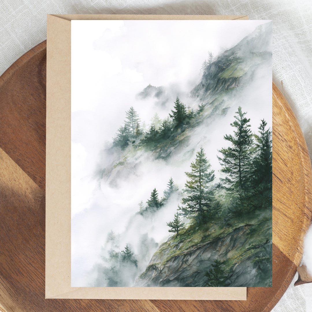 Misty Mountain Pine Tree Greeting Card, Watercolor Forest Note Card ...