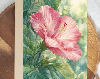 Watercolor Hibiscus Greeting Card: Floral Blank Note Card on Heavy Cardstock