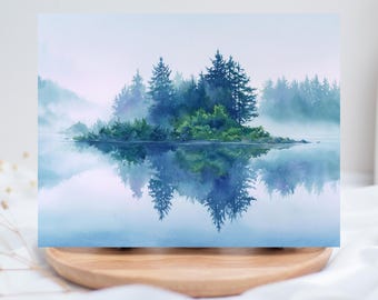 Watercolor Mountain Lake Card: Serene Landscape Note Card