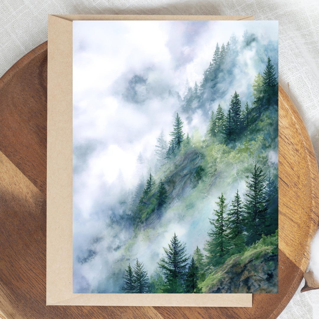 Misty Mountain Pine Tree Greeting Card, Watercolor Forest Note Card ...