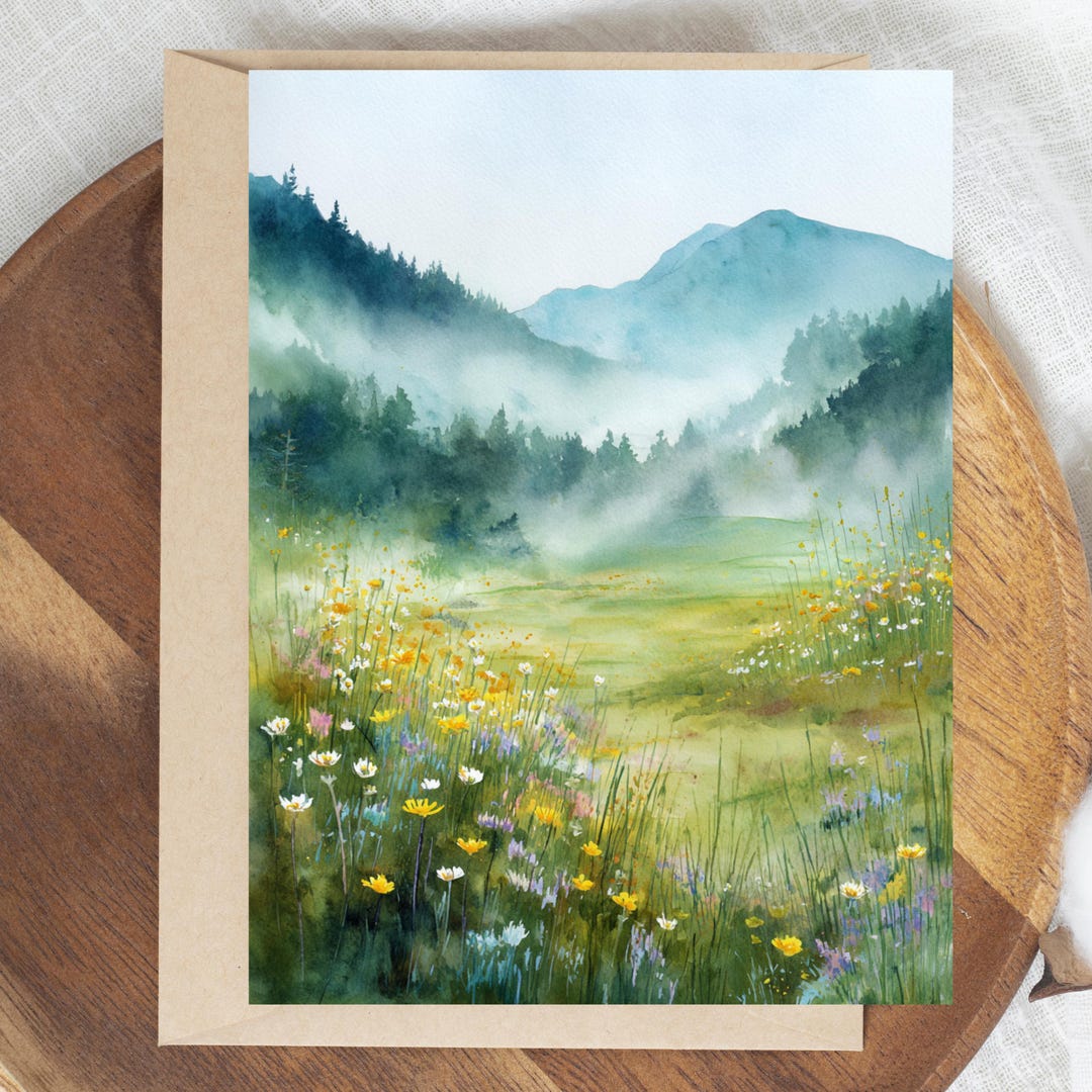 Watercolor Mountain Meadow Greeting Card, Misty Pine Forest Note Card ...