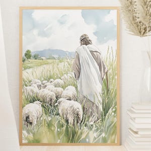 Jesus and His Sheep Watercolor Print: Christian Home Decor