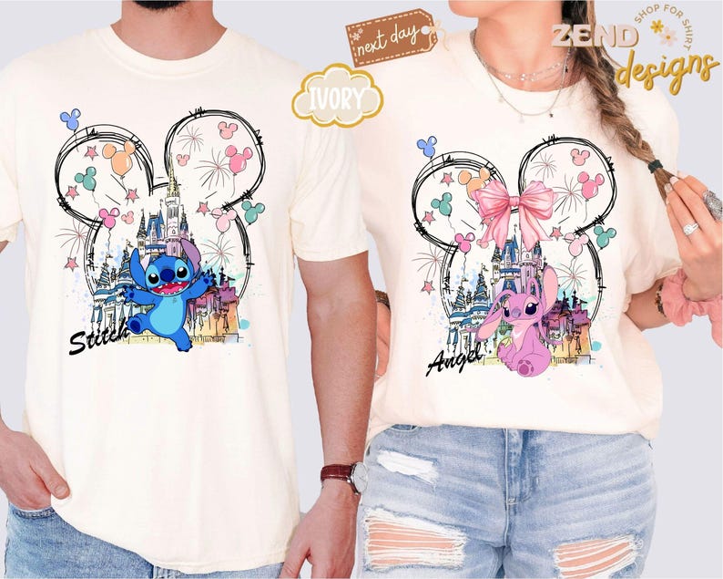 May include: Ivory-colored t-shirts featuring a whimsical design of a castle, fireworks, and cartoon characters Stitch and Angel. The design is framed by a Mickey Mouse head outline with colorful balloons and stars. The names "Stitch" and "Angel" are written below.