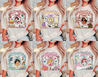 Comfortkleuren retro Disney Princess-shirt, Coquette Disney Princess-T-shirt, gepersonaliseerd Disney-T-shirt, Disney Girl Trip-T-shirt, Disney Group-shirt